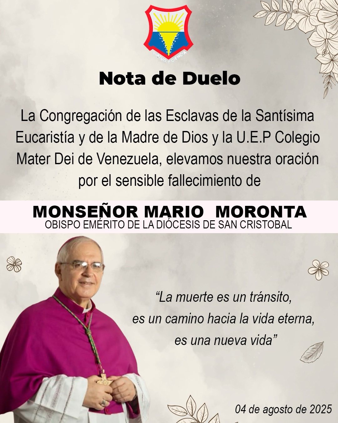 Nota de Duelo «Monseñor Mario del Valle Moronta Rodríguez»